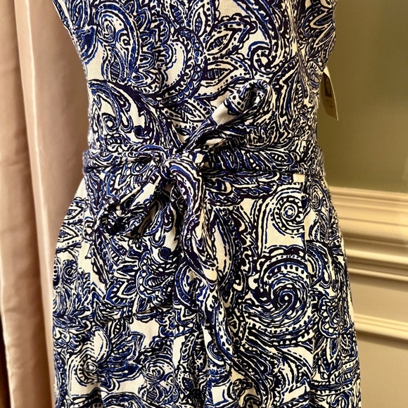 NWT Anne Klein Chelsea Blue White Paisley Print Linen Blend Dress Size 12 - Picture 3 of 5